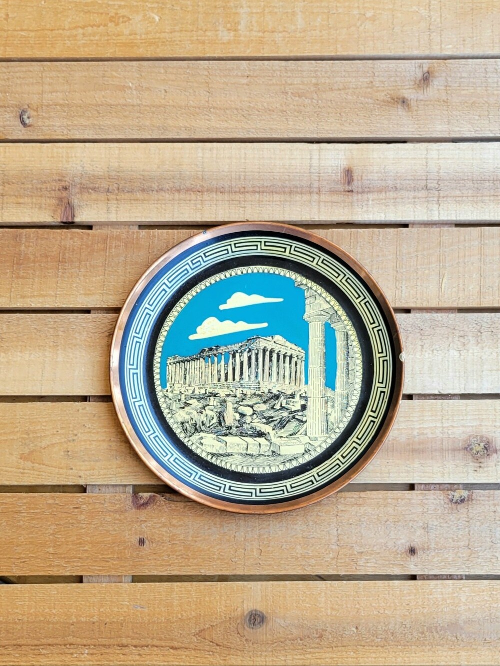 Vintage 8" Copper Hand-painted Wall Hanging Souvenir Plate: Parthenon, Athens